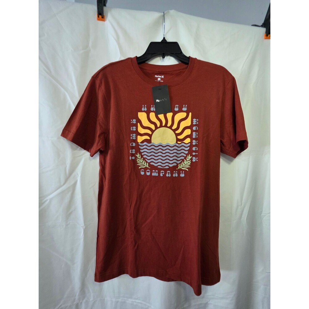 Hurley Mens Graphic T Shirt Size Small Burgundy Sun Waves Front Logo